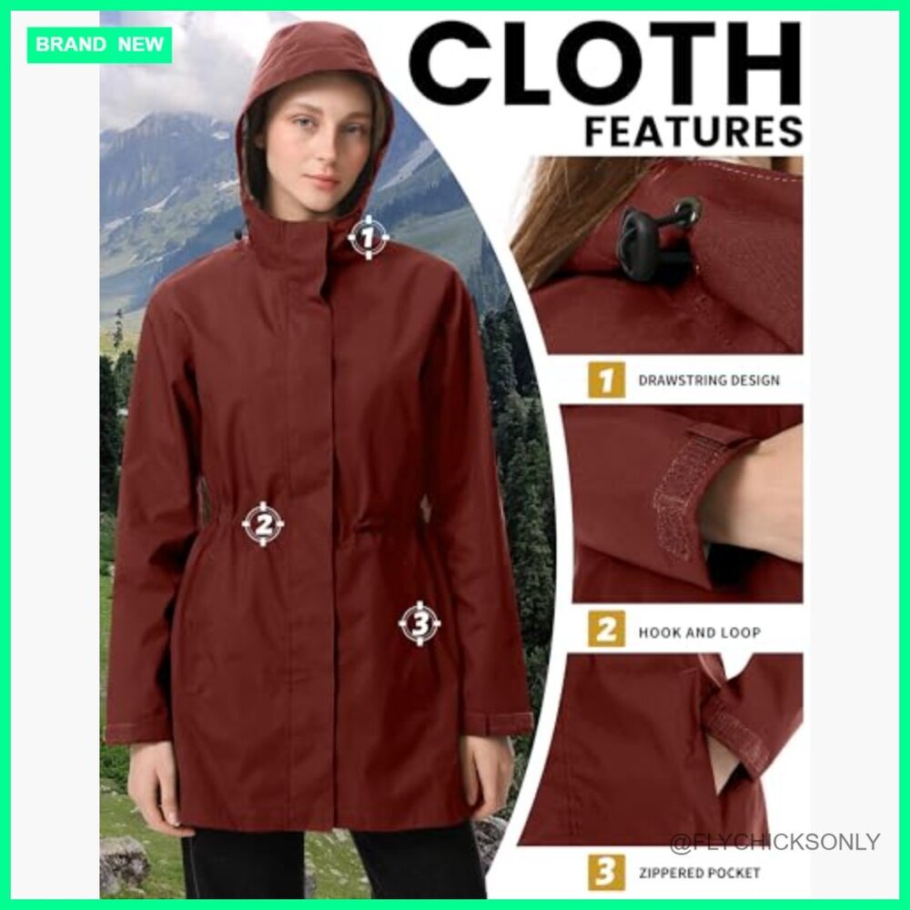 Packable Long Raincoat Hooded Plaid Lined Trench Coat Waterproof Windproof - Picture 3 of 7